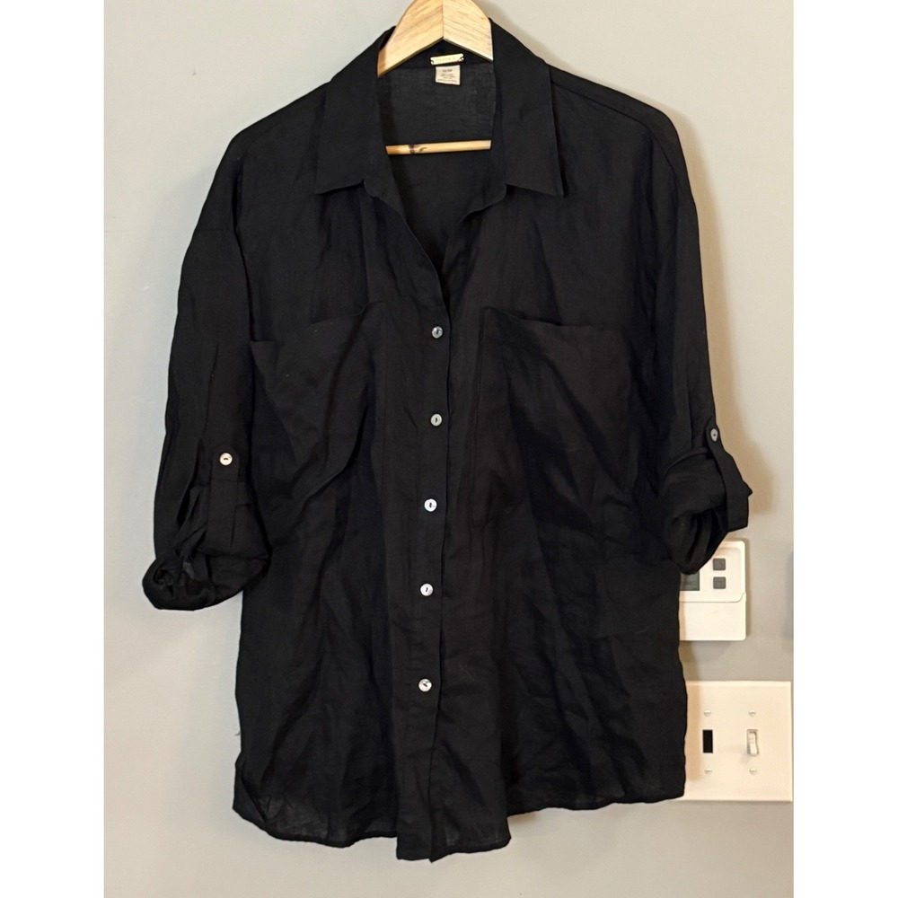Magaschoni Button Down Women Size M Black 100% Linen Roll Tab Sleeve Oversized